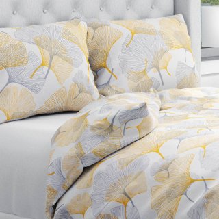 Bavlněné ložní povlečení Sandra SA-745 Šedo-hořčicové ginkgo listy na bílém - Biante.cz