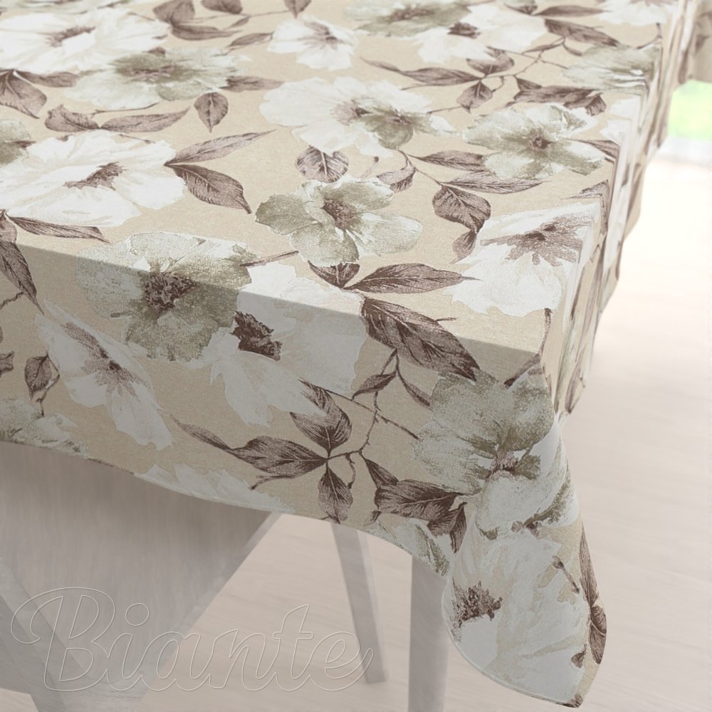 Dekorační obdélníkový ubrus Porto PRT-011 Hnědo-bílé květy na béžovém - Biante.cz