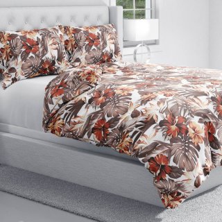 Bavlněné ložní povlečení Sandra SA-441 Hnědo-cihlové květy a listy monstery - detail 1 - Biante.cz