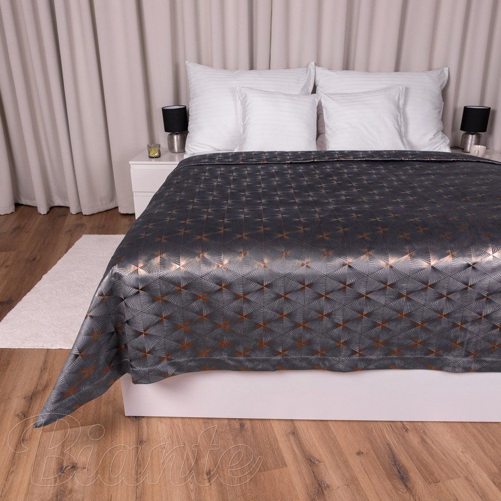 Sametový přehoz na postel Isabela IBL-003 Rose Gold trojúhelníky na šedém - Biante.cz