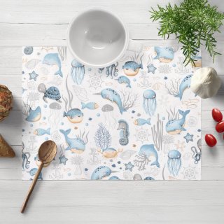 Dětské bavlněné prostírání na stůl Sandra SA-442 Mořský svět modrý na bílém - Biante.cz
