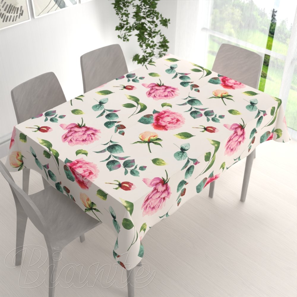 Bavlněný obdélníkový ubrus Sandra SA-715 Velké růžovočervené pivoňky na smetanovém - detail 1 - Biante.cz