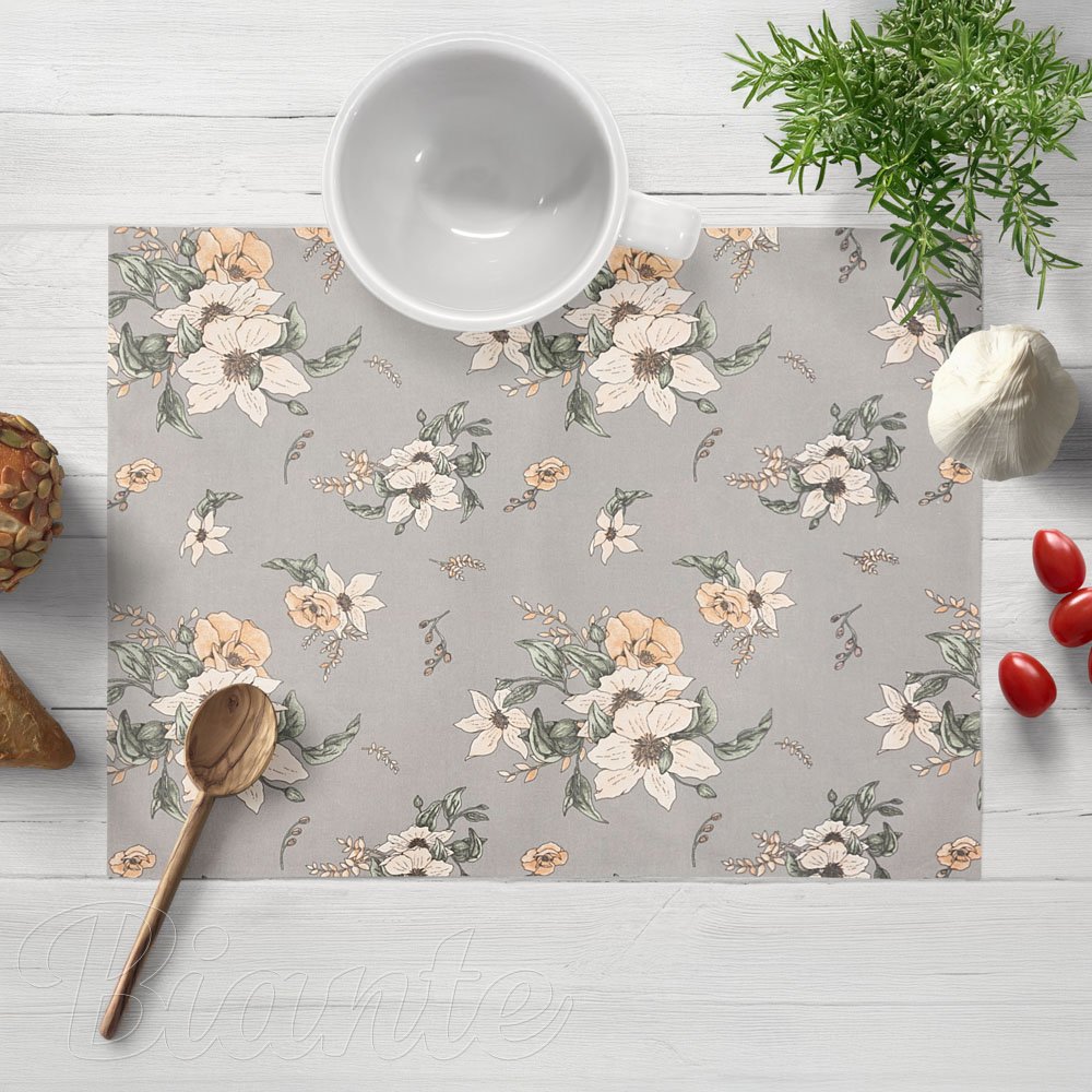 Bavlněné prostírání na stůl Sandra SA-465 Oranžové květy na šedém - Biante.cz