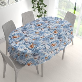 Bavlněný oválný ubrus Sandra SA-674 Lesní zvířata v zimním lese na modrém - detail 1 - Biante.cz