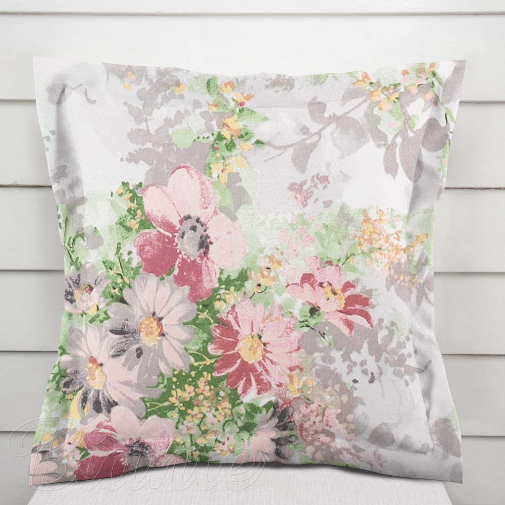 Bavlněný povlak na polštář s lemem Sandra SA-704 Malované růžovo-červené květy na šedém - Biante.cz