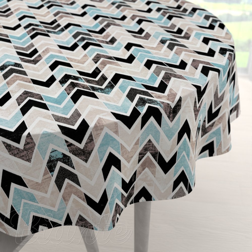 Dekorační kulatý ubrus Leona LN-061 Tyrkysovo-černé cik cak proužky - Biante.cz