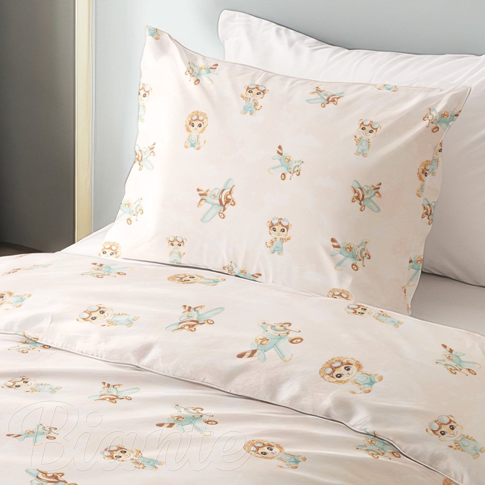 Dětské bavlněné ložní povlečení Sandra SA-686 Lvíčata s letadýlky na světle béžovém - detail 1 - Biante.cz