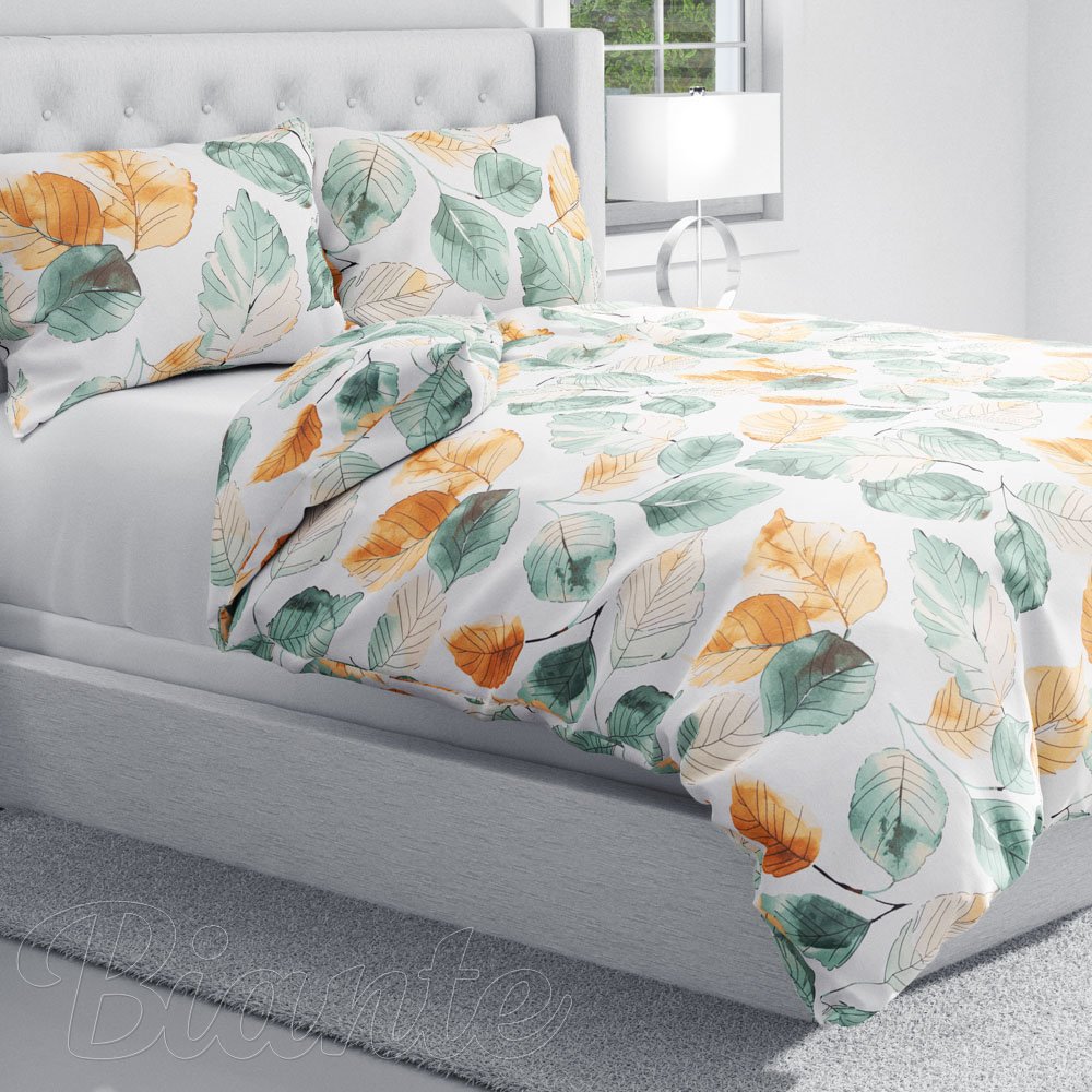 Bavlněné ložní povlečení Sandra SA-748 Hnědo-zelené akvarelové listy na bílém - detail 1 - Biante.cz