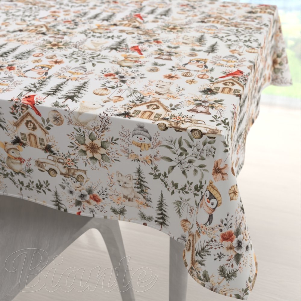 Bavlněný čtvercový ubrus Sandra SA-709 Zimní pohádka zeleno-hnědá na bílém - Biante.cz