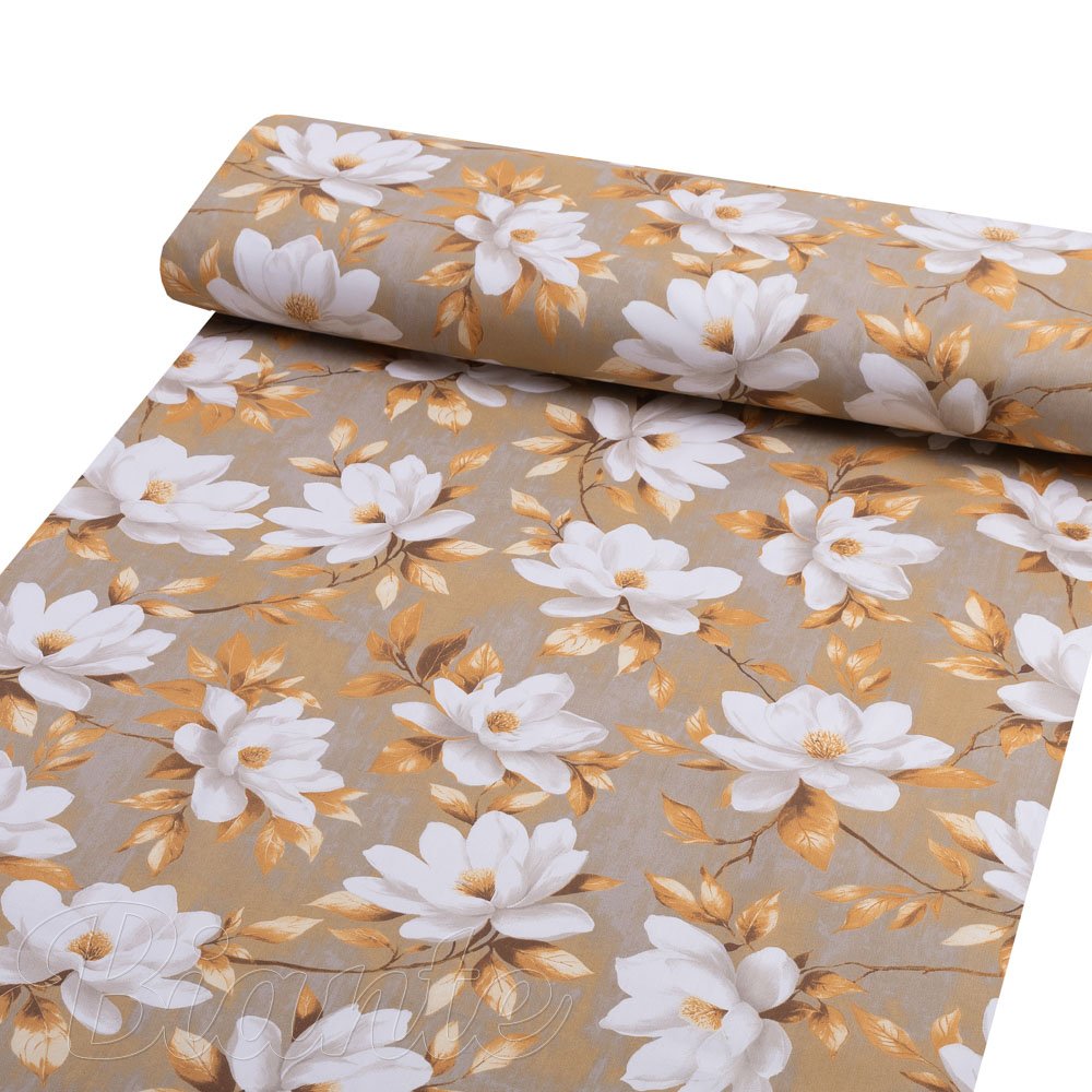 Bavlněná látka/plátno Sandra SA-717 Bílé květy magnolie na hnědošedém - šířka 160 cm - detail 1 - Biante.cz