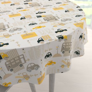 Dětský bavlněný kulatý ubrus Sandra SA-672 Žlutá a šedohnědá auta ve městě na bílém - Biante.cz