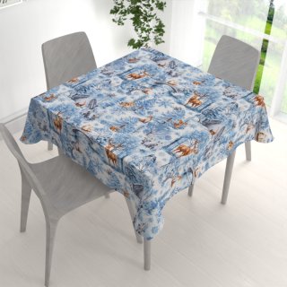 Bavlněný čtvercový ubrus Sandra SA-674 Lesní zvířata v zimním lese na modrém - detail 1 - Biante.cz