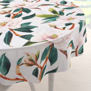 Bavlněný kulatý ubrus Sandra SA-293 Magnolie se zelenými listy na bílém - Biante.cz