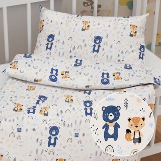 Dětské bavlněné povlečení do postýlky Sandra SA-595 Modro-béžová lesní zvířátka na bílém - Biante.cz