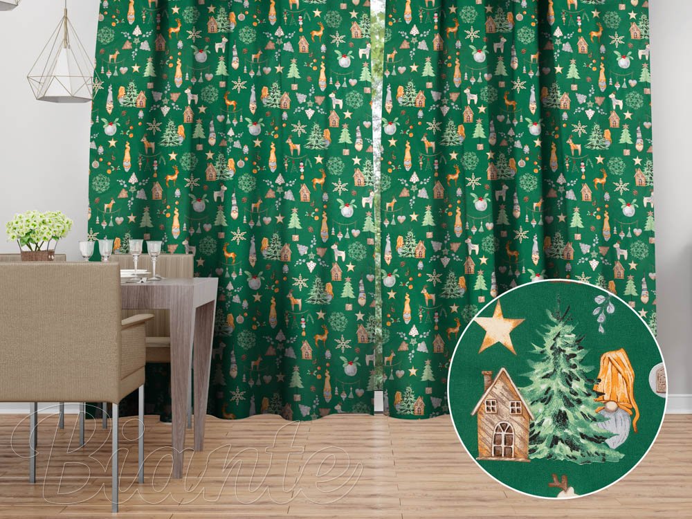 Vánoční bavlněný závěs na míru Sandra SA-508 Vánoční skřítci a ozdoby na zeleném - Biante.cz