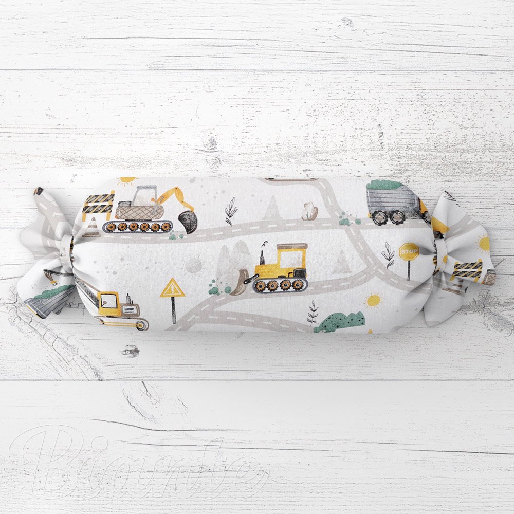 Dětský polštář válec bonbon Sandra SA-756 Žluto-zelená auta a bagry na bílém - Biante.cz