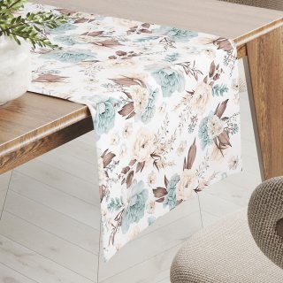Bavlněný běhoun na stůl Sandra SA-451 Žluto-hnědo-mintové růže na bílém - Biante.cz