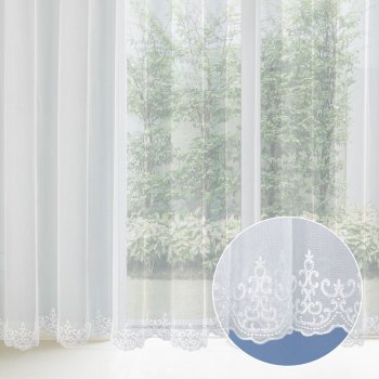 Bílá záclona s perleťově vytkávanou bordurou zámecký vzor do obloučků ZAC-028 výška 300 cm