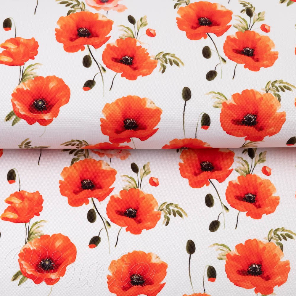 Teflonová látka na ubrusy TF-133 Červenooranžové vlčí máky na bílém - šířka 145 cm - detail 3 - Biante.cz