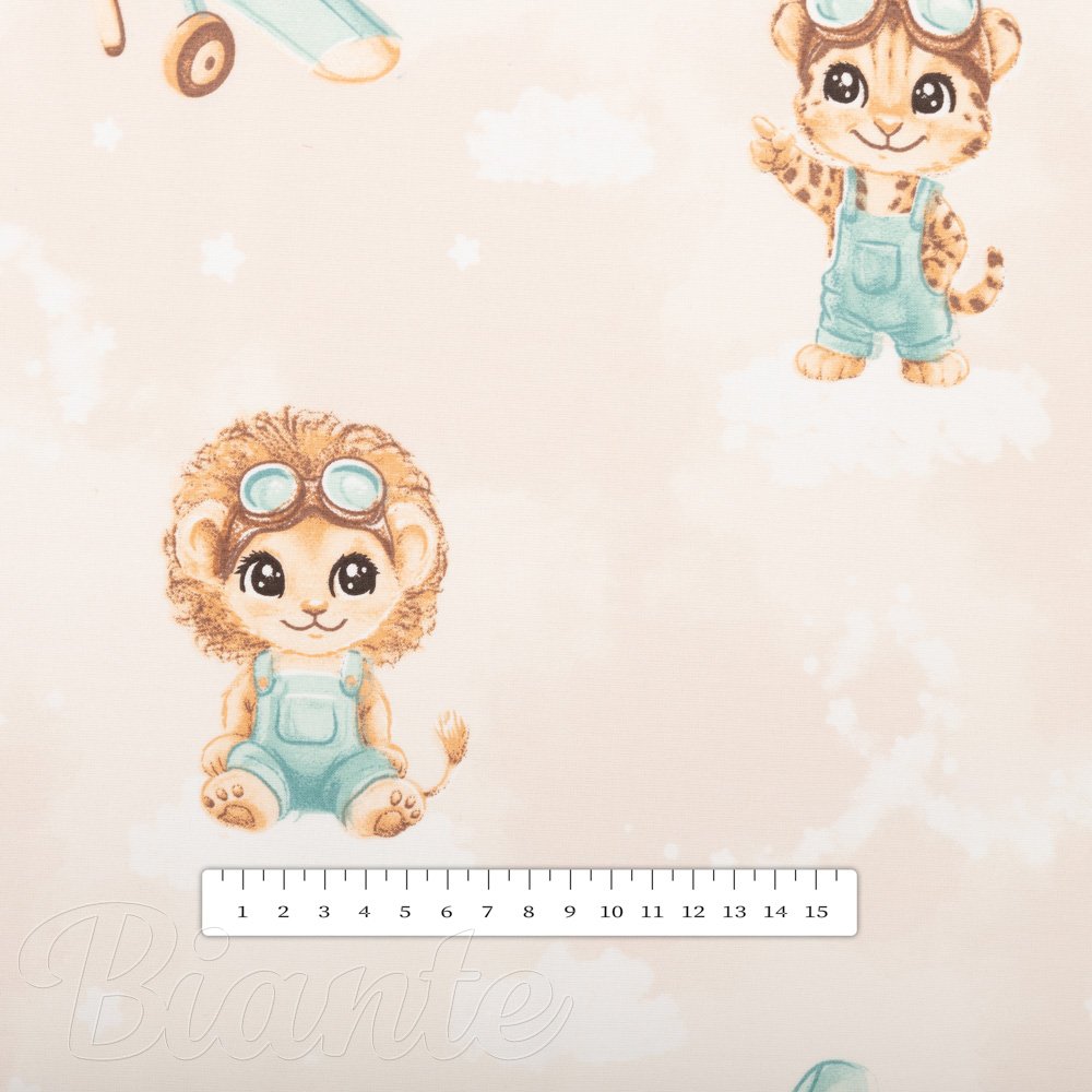 Dětská bavlněná látka/plátno Sandra SA-686 Lvíčata s letadýlky na světle béžovém - šířka 160 cm - detail 3 - Biante.cz