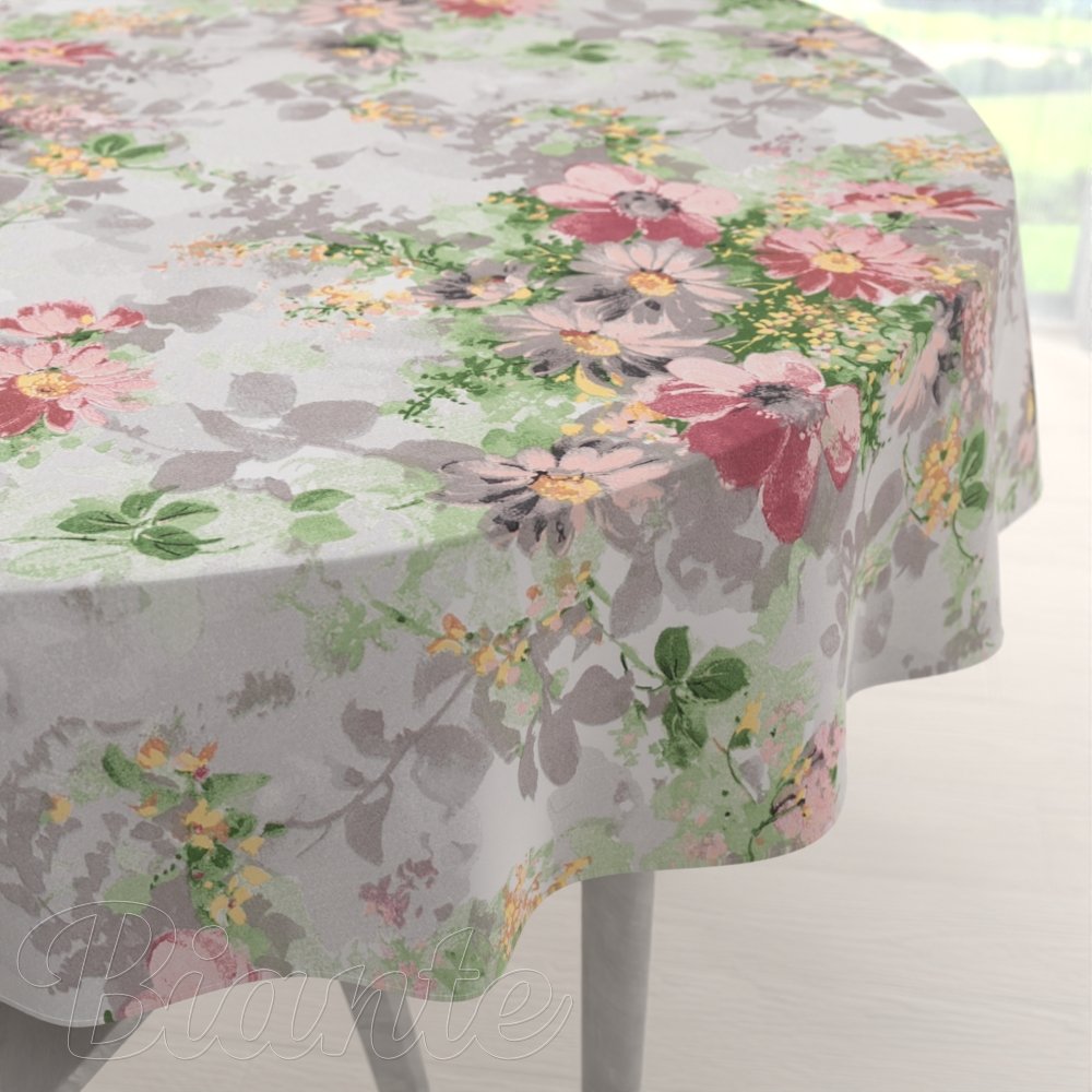 Bavlněný kulatý ubrus Sandra SA-704 Malované růžovo-červené květy na šedém - Biante.cz