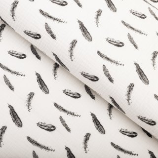 Mušelín dvojitá gázovina MSN-074 Čiernosivé pierka na krémovo bielom - metráž šírka 140 cm - Biante.sk