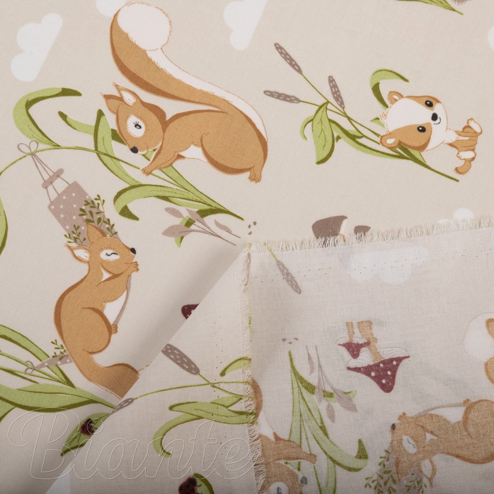 Dětská bavlněná látka/plátno Sandra SA-695 Veverky a ježci na světle béžovém - šířka 160 cm - detail 4 - Biante.cz