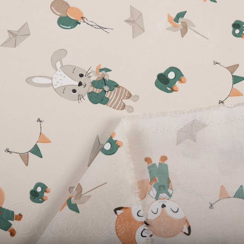 Detská bavlnená látka/plátno Sandra SA-701 Zajačiky a líšky s balónikmi - zelené na svetlo béžovom - šírka 160 cm - detail 4 - Biante.sk