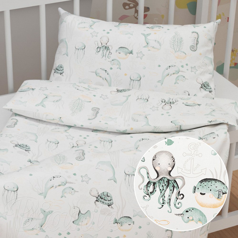 Dětské bavlněné povlečení do postýlky Sandra SA-688 Mořský svět zelený na bílém - Biante.cz