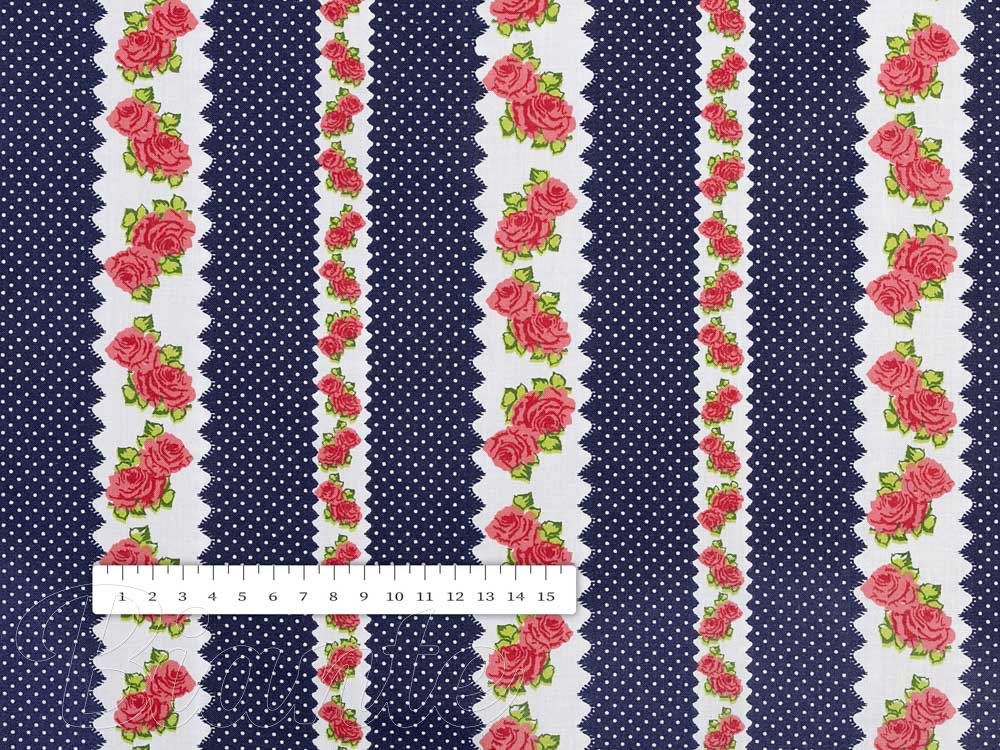 Bavlněná látka/plátno Sandra SA-418 Růžičky na tmavě modrém puntíkovaném - šířka 220 cm - detail 3 - Biante.cz