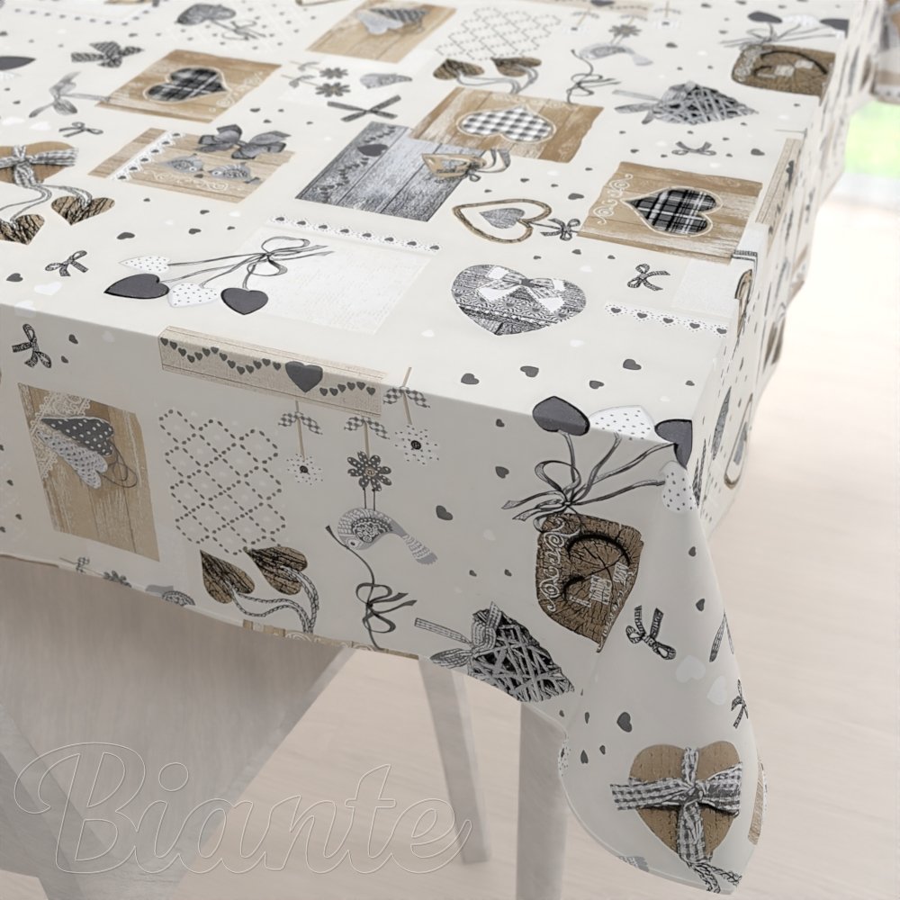 Dekorační obdélníkový ubrus Porto PRT-014 Hnědo-šedá srdíčka na krémovém - Biante.cz