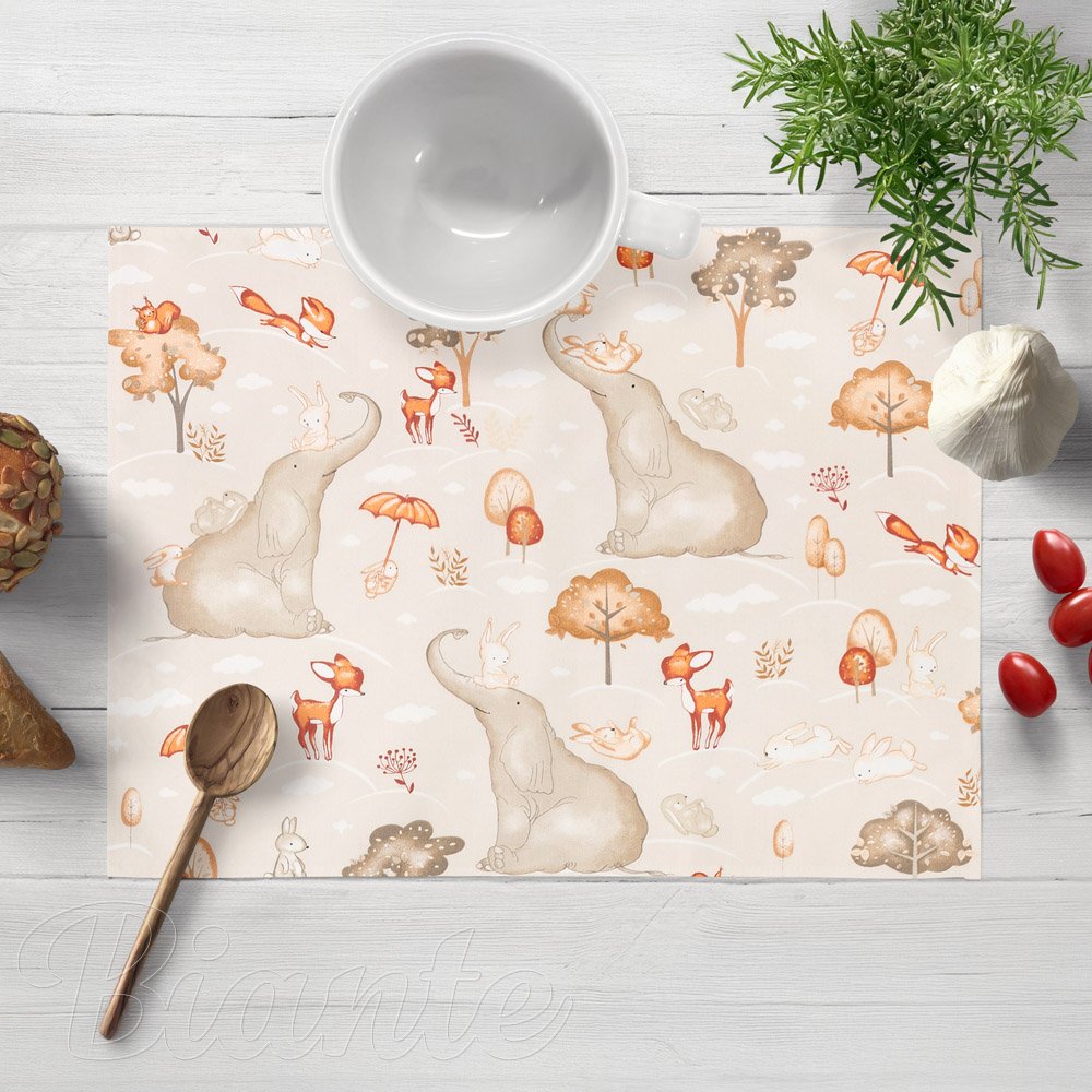 Dětské bavlněné prostírání na stůl Sandra SA-692 Slon a jeho kamarádi na světle šedobéžovém - Biante.cz