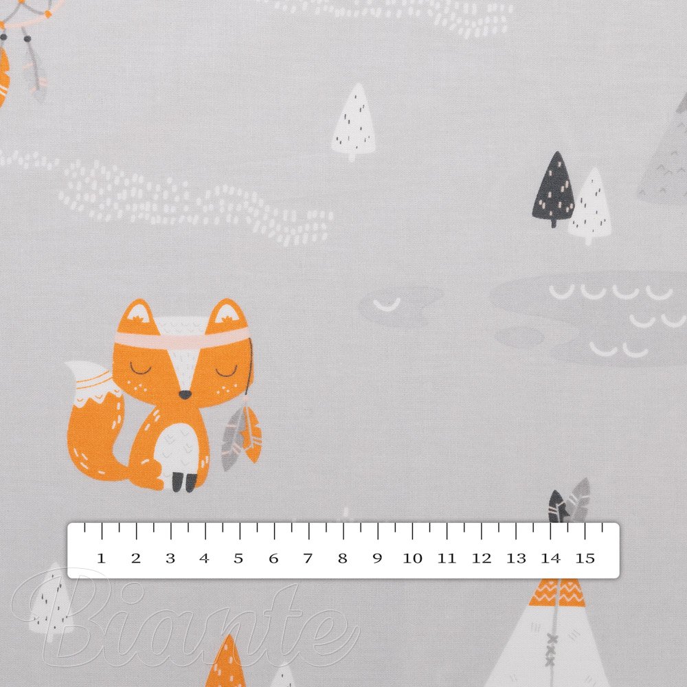 Dětská bavlněná látka/plátno Sandra SA-699 Oranžová zvířátka Indiáni na šedém - šířka 160 cm - detail 4 - Biante.cz