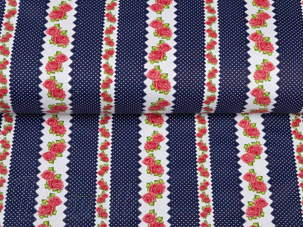 Bavlněná látka/plátno Sandra SA-418 Růžičky na tmavě modrém puntíkovaném - šířka 220 cm - detail 2 - Biante.cz