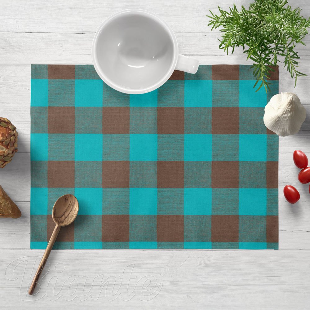 Bavlněné prostírání na stůl Olivia OL-018 Tyrkysovo-hnědá kostka velká - Biante.cz