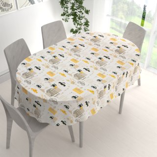 Dětský bavlněný oválný ubrus Sandra SA-672 Žlutá a šedohnědá auta ve městě na bílém - detail 1 - Biante.cz