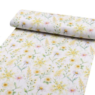 Teflónová látka na obrusy TF-135 Maľované žlto-zelené lúčne kvietky na bielom - šírka 155 cm - detail 1 - Biante.sk