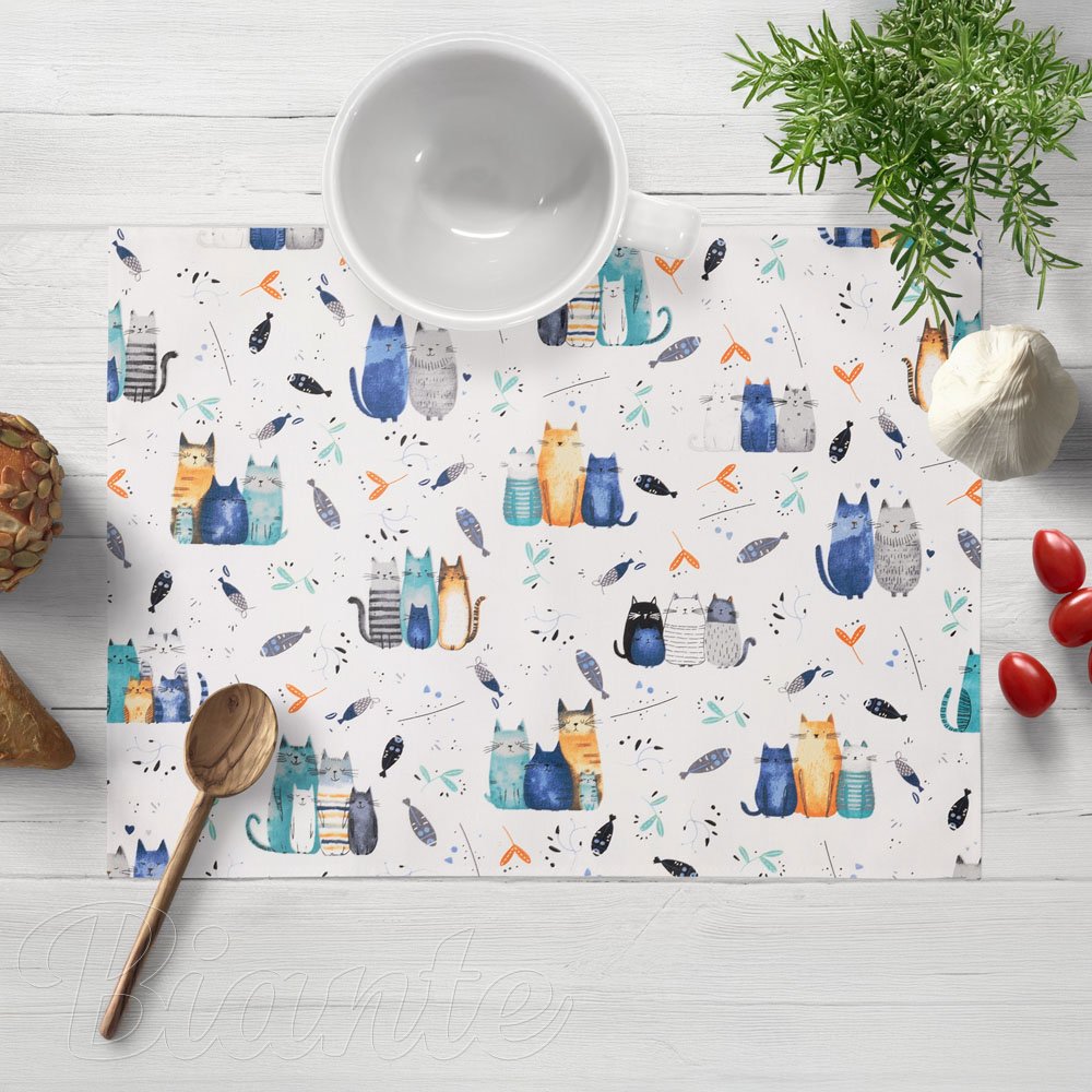 Dětské bavlněné prostírání na stůl Sandra SA-653 Kočičí svět modrý na bílém - Biante.cz