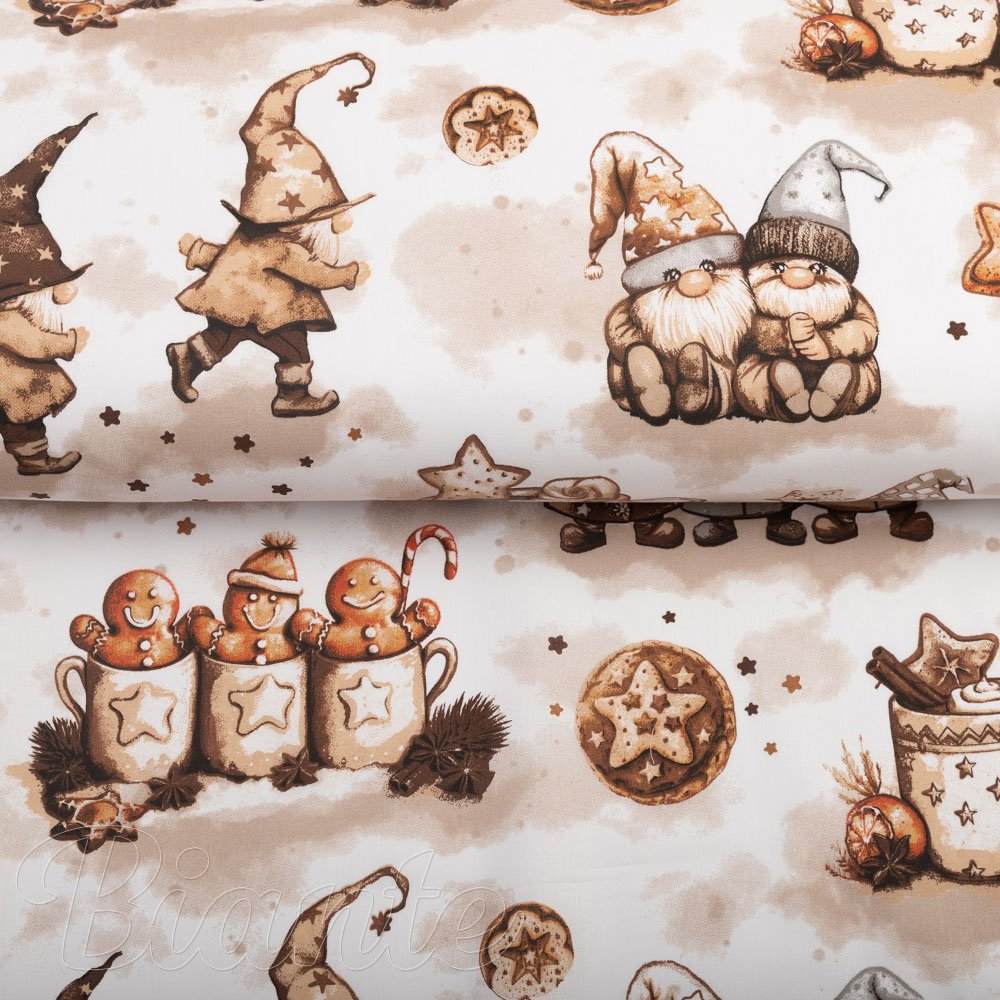 Vánoční bavlněná látka/plátno Sandra SA-663 Hnědí skřítci s perníčky na bílém - šířka 160 cm - detail 2 - Biante.cz
