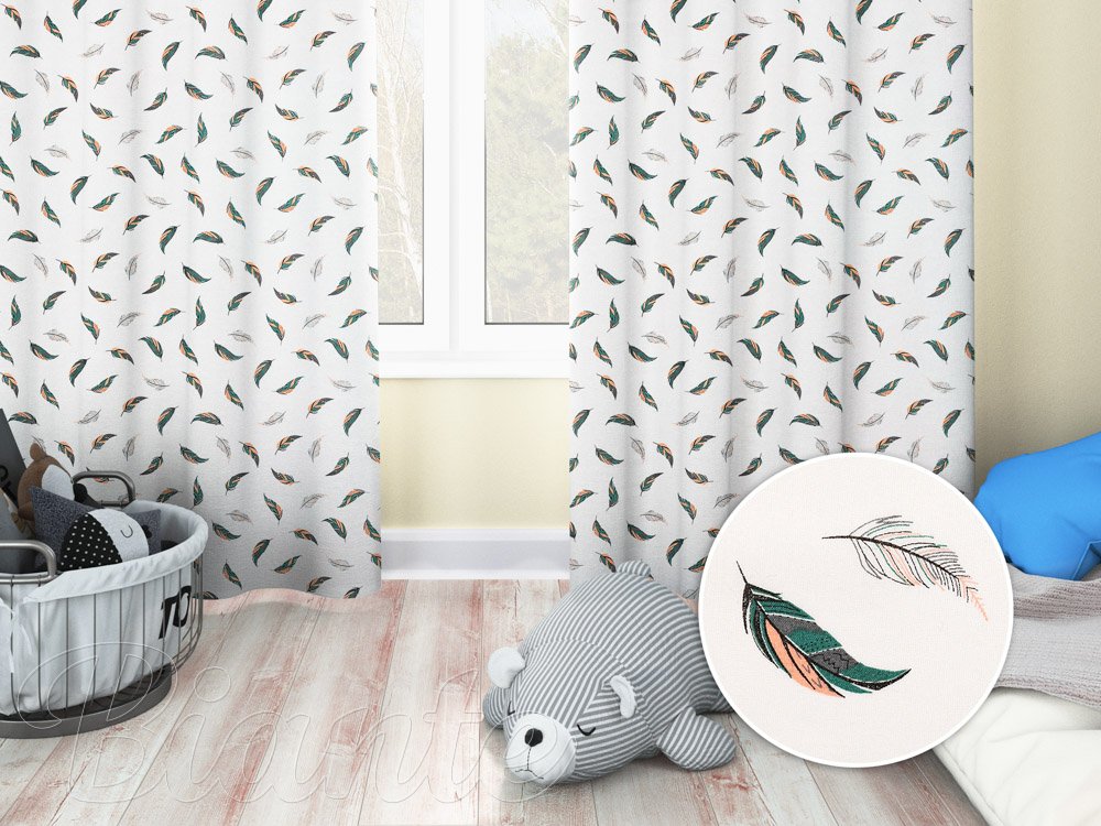 Dětský bavlněný závěs Sandra SA-460 Zeleno-růžová pírka na bílém - Biante.cz