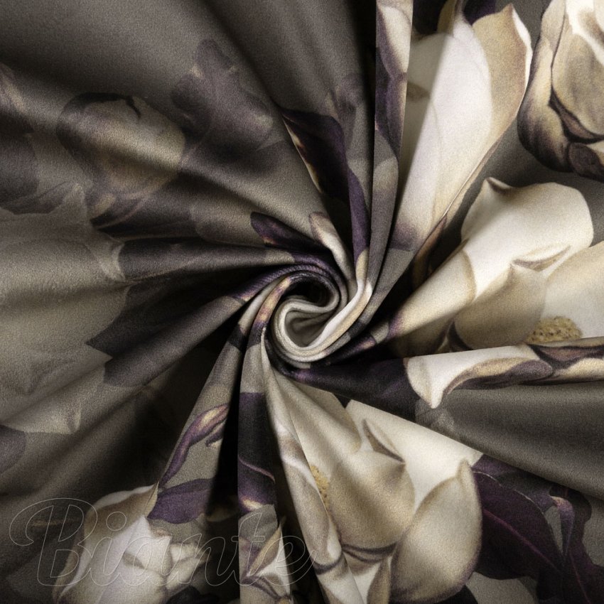 Sametová látka Tamara TMR-034 Květy gardénie na hnědošedém - šířka 140 cm - detail 2 - Biante.cz