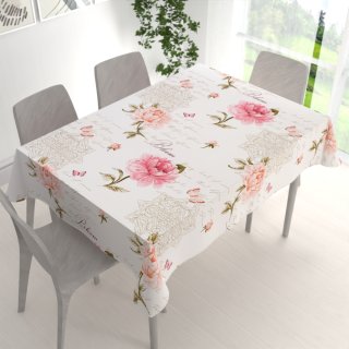 Bavlněný obdélníkový ubrus Sandra SA-683 Růžové pivoňky s motýly na bílém - detail 1 - Biante.cz Bavlněný obdélníkový ubrus Sandra SA-683 Růžové pivoňky s motýly na bílém - detail 1 - Biante.cz