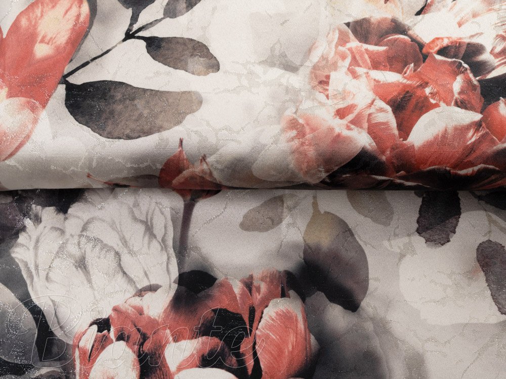 Dekorační látka Parma PM-111 Cihlově červené květy na kouřově šedohnědém - šířka 150 cm - detail 4 - Biante.cz