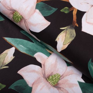 Bavlněná látka/plátno Sandra SA-300 Květy magnolie na černém - šířka 160 cm - Biante.cz