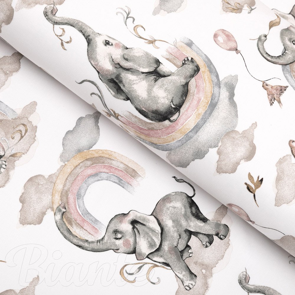 Dětská bavlněná látka/plátno Sandra SA-462 Sloni s šedohnědou duhou na bílém - šířka 160 cm - Biante.cz