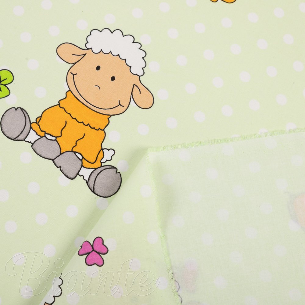 Dětská bavlněná látka/plátno Sandra SA-729 Veselé ovečky na světle zeleném puntíkovaném - šířka 160 cm - detail 4 - Biante.cz