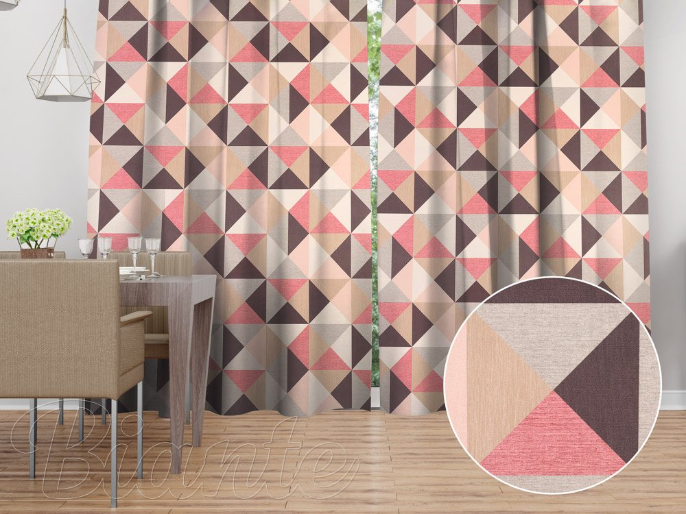 Sametový závěs na míru Tamara TMR-048 Růžovo-hnědo-šedé trojúhelníky - Biante.cz