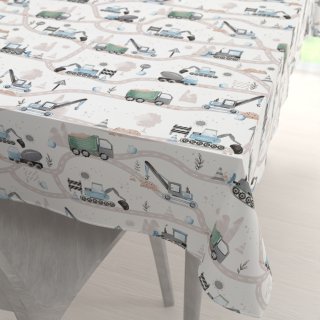 Dětský bavlněný obdélníkový ubrus Sandra SA-687 Modro-zelená auta a bagry na bílém - Biante.cz