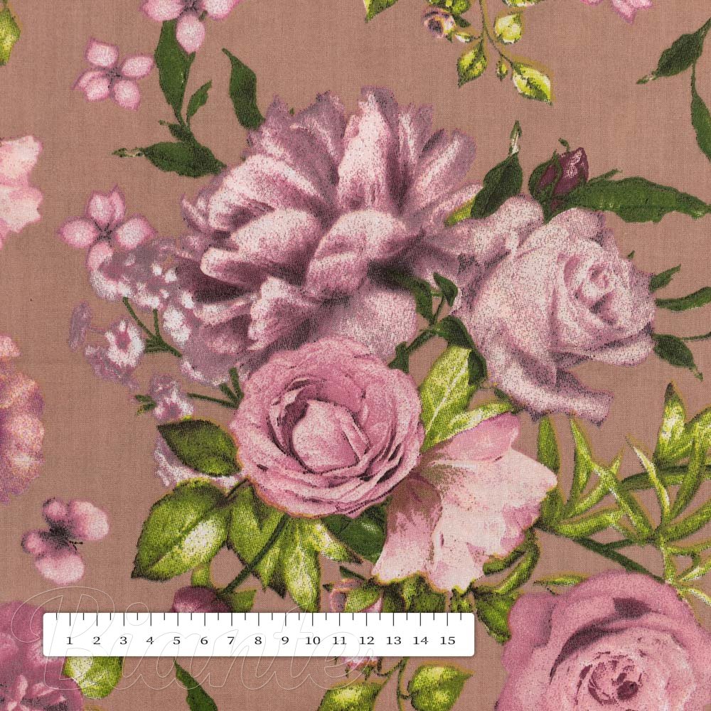 Bavlněná látka/plátno Sandra SA-554 Růže a hortenzie na hnědém - šířka 220 cm - detail 3 - Biante.cz