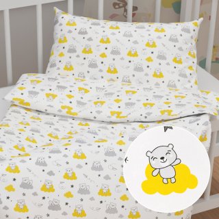 Dětské bavlněné povlečení do postýlky Sandra SA-725 Medvídci na žluto-šedých mráčcích na bílém - Biante.cz